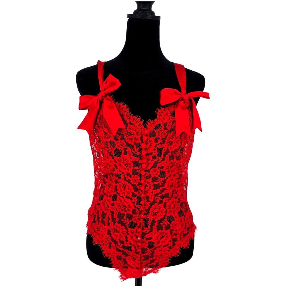 Vintage Victoria's Secret Women's M Red Lace Teddy Button Front Bow Lingerie